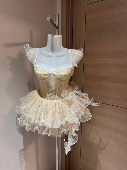 Robe de bal mignonne bustier cœur en tulle champagne soirée à Rio pois inspiration robe de soirée d'école Robes de bal RB4030