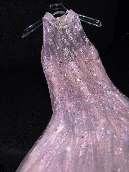Märchenhaftes, langes, formelles Abendkleid in A-Linie aus rosa Tüll, formelles Kleid zum 18. Geburtstag, Ballkleid N731