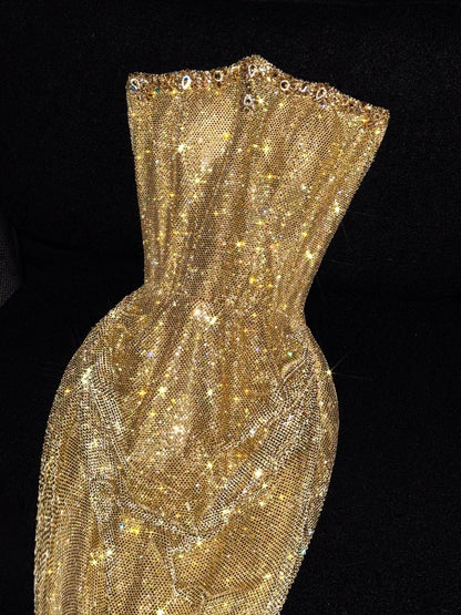Robe de soirée longue sirène sans bretelles à paillettes dorées, ornée de sequins, idéale pour un 18e anniversaire ou un bal de promo (N732)