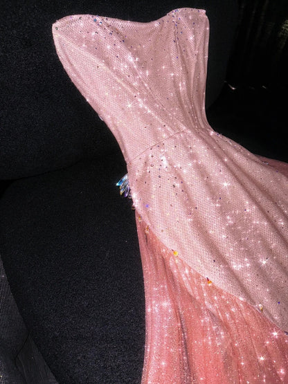 Robe de soirée longue sirène à paillettes rose corail sans bretelles, sans sequins, idéale pour un 18e anniversaire ou un bal de promo (N734)