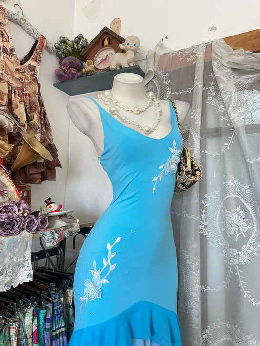 Vintage Mermaid Blue Spaghetti Strap Chiffon Sleeveless Formal For Women Girls Teens Prom Dresses N2250