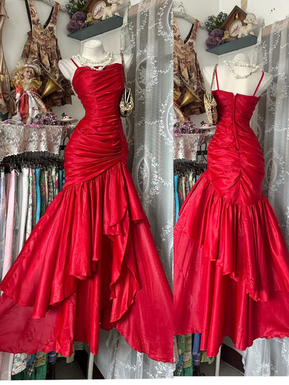 Vintage Prom Dresses 80s Mermaid Spaghetti Straps Red Satin With Ruffles Floor Length Formal Outfits RB4363