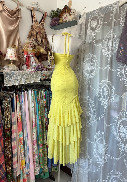 Vintage Mermaid Halter Yellow Chiffon With Layers Tiered Bodice Date Night Evening Outfit Formal Prom Dresses RB5280