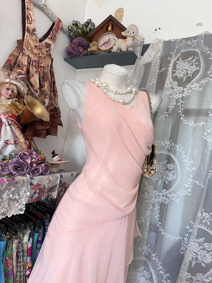 Vintage Mermaid Scoop Blush Pink Chiffon Date Night Evening Outfit Formal Prom Dresses RB5293