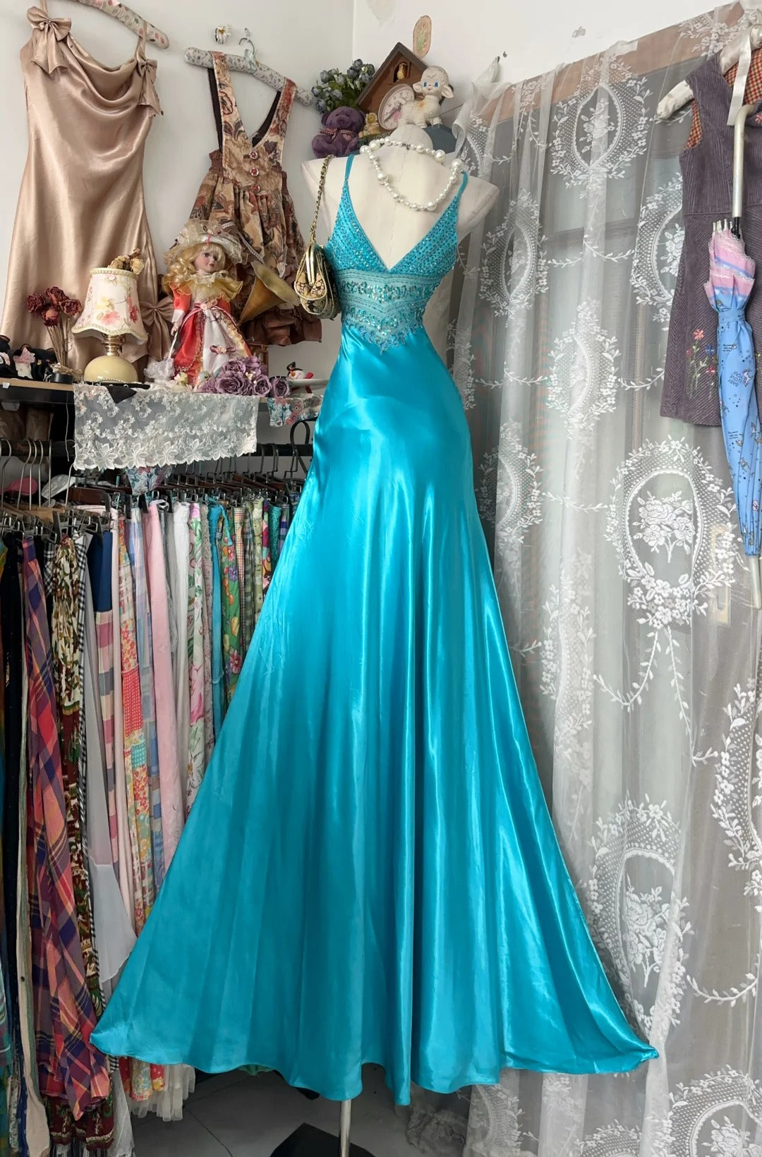 Vintage Mermaid Spaghetti Strap Blue Slit Satin Sleeveless Formal For Women Girls Teens Prom Dresses N2258