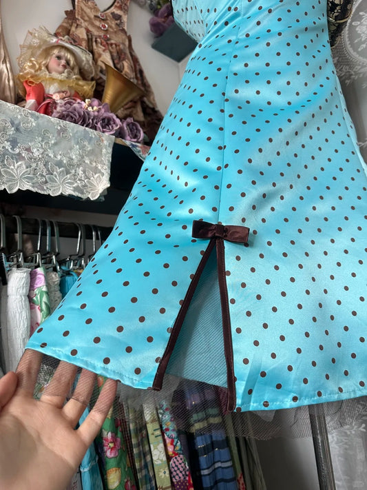Dress for Women Summer New Vintage Retro Style A Line Blue Polka Dots Satin Homecoming Dresses N2252