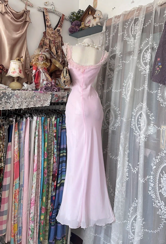 Vintage Mermaid Square Neck Pink Chiffon Date Night Evening Outfit Formal Prom Dresses RB5296