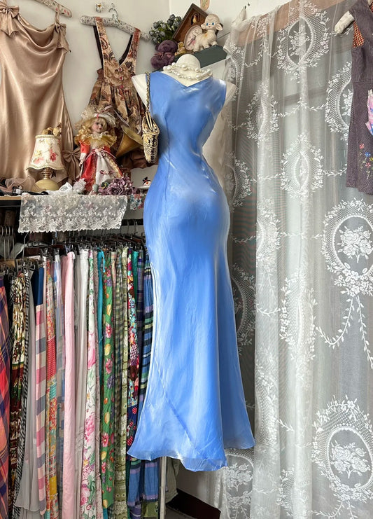 Vintage Prom Dresses 80s Mermaid Cowl Neck Blue Chiffon Evening Outfits N3476