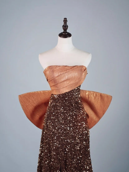 Robe de bal longue à sequins marron, coupe trapèze, sans bretelles, idéale pour les élèves de terminale (N1279)