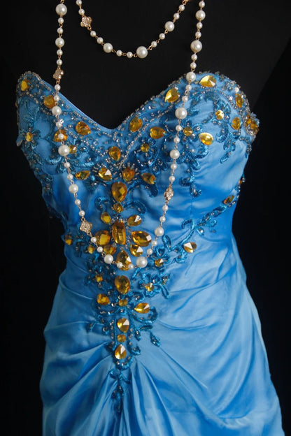 Vintage Ballkleider Meerjungfrau Sweetheart Blau Chiffon 80er Jahre Mit Rüschen Goldperlen Lang Formelle Abendgarderobe N4215