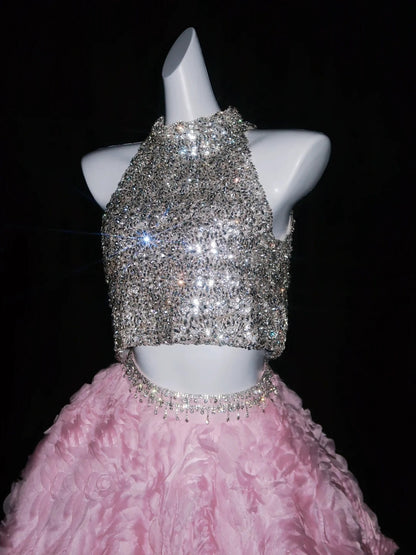 Robe de bal princesse 2 pièces, col montant, sequins argentés, fleurs roses, longue, robe de soirée formelle, robe de bal de fin d'année 18 ans N739
