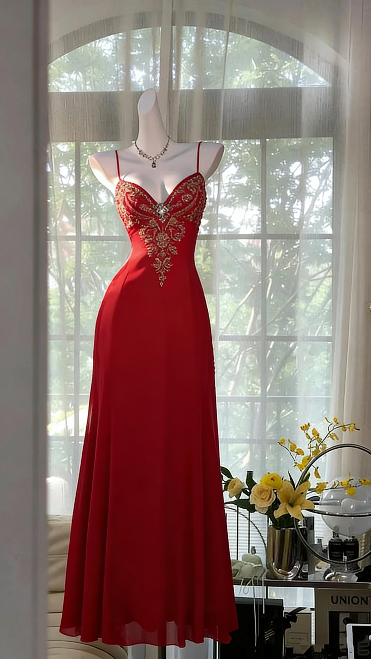 Magnifique robe de bal de fin d'année rouge en mousseline, bretelles spaghetti, coupe trapèze, N1239