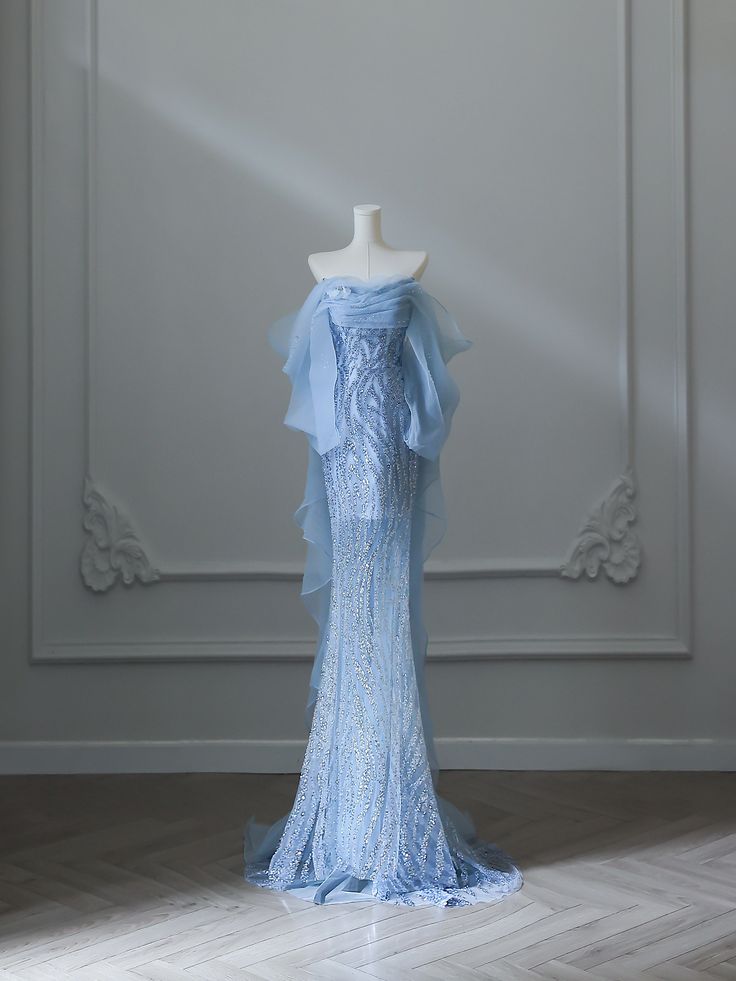 Robe de soirée longue sirène sexy à épaules dénudées et sequins bleus AB1684