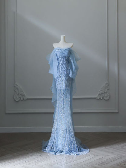 Robe de soirée longue sirène sexy à épaules dénudées et sequins bleus AB1684