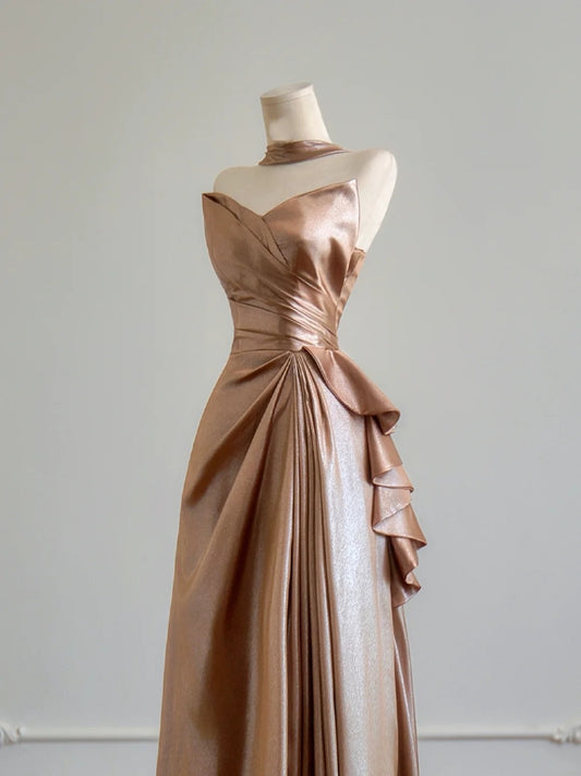 Simple A Line Sweetheart Champagne With Slit Prom Dresses Long Evening Formal Gown BirthdayParty Gowns N375
