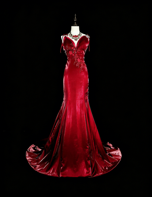 Vintage Prom Dresses Aesthetic Mermaid Spaghetti Straps Burgundy Classic Inspo Formal Party Dress N1993