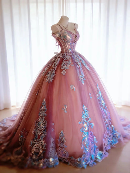 Mignonne Robe de Bal Bretelles Fines en Satin Rose avec Appliques Robes de Soirée Longues Robes de Bal de Promo N3039