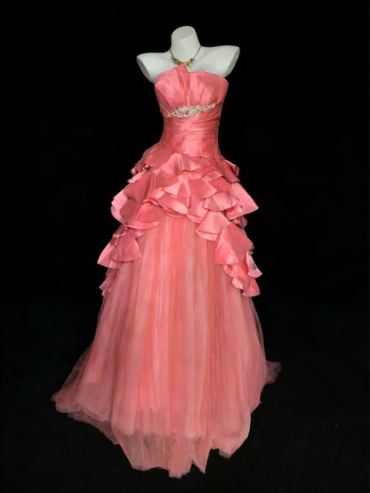Modest Prom Dresses Ball Gown Strapless Coral Pink Tulle With Beads Long Formal Dress N2957