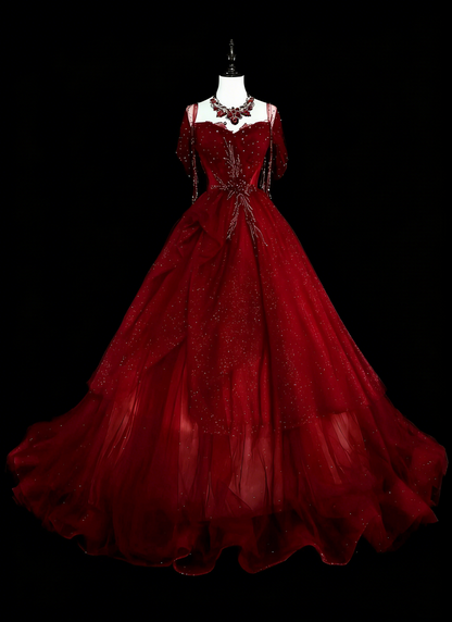 Robe de bal bustier bordeaux en tulle ornée de perles, robe de soirée, robe de cérémonie, style vintage, N1777