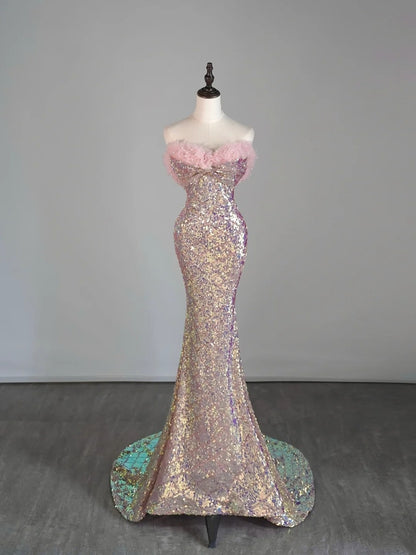 Elegantes, langes, rosafarbenes Pailletten-Abendkleid im Meerjungfrauenstil mit herzförmigem Ausschnitt, halbformelles Abendkleid N686