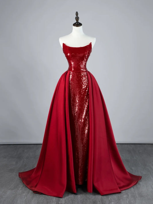 Funkelndes, trägerloses, burgunderrotes Paillettenkleid mit Schleppe aus Satin, langes Ballkleid, Abendkleid N848