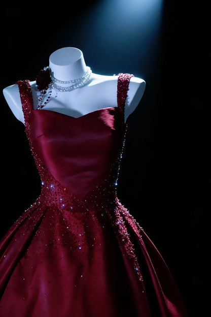Bescheidene Ballkleider für den Abschlussball in Weinrot mit Perlen, langes Quinceañera-Kleid N2961