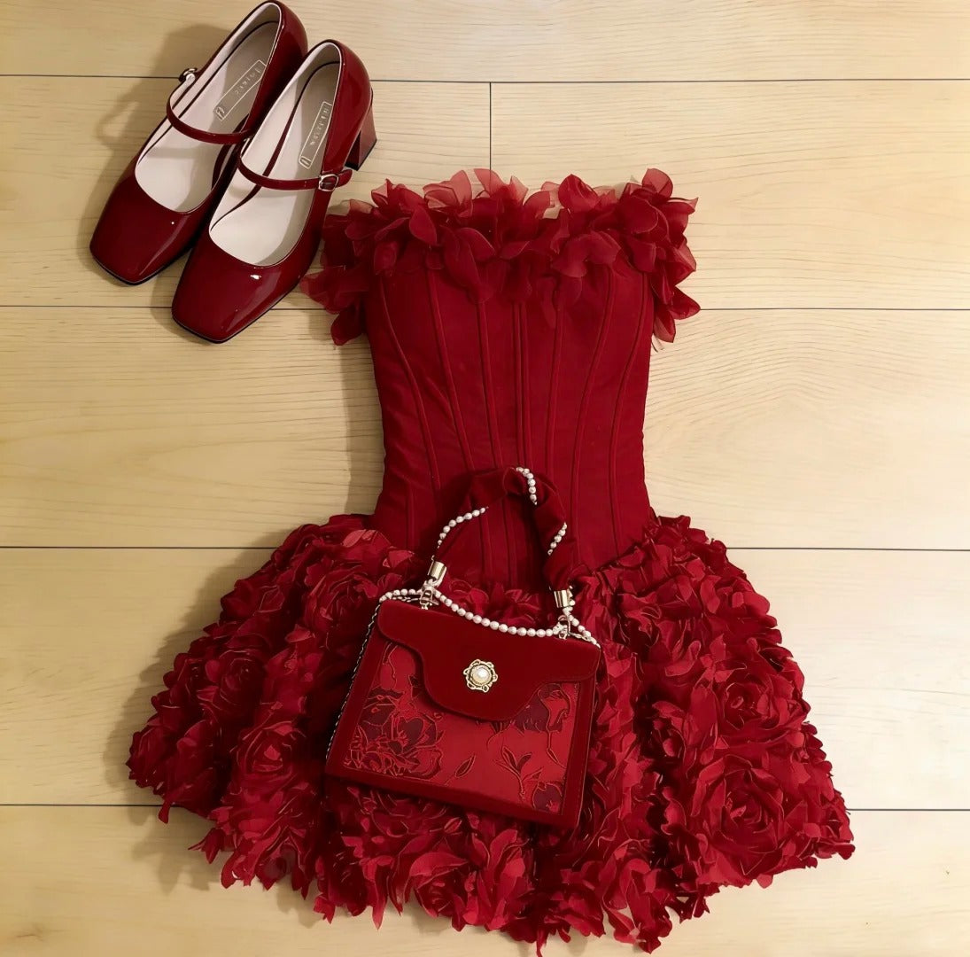 Elegant Ball Gown Strapless Dark Red With Flowers Short Cocktail Gown Homecoming Dresses Ideas Hoco Outfits RB4826
