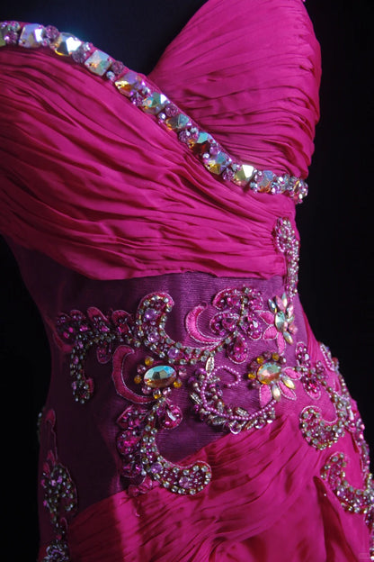 Glitzernde Meerjungfrauen-Abschlussballkleider mit Spaghettiträgern, heißrosa Chiffon mit Perlen, Abendkleid, langes Ballkleid RB3261