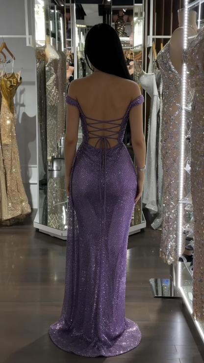 Shinning Mermaid Off The Shoulder Lilac Slit Sequins For Women Party Dresses Long Formal Prom Dresses 18th Birthday Gown AB1334
