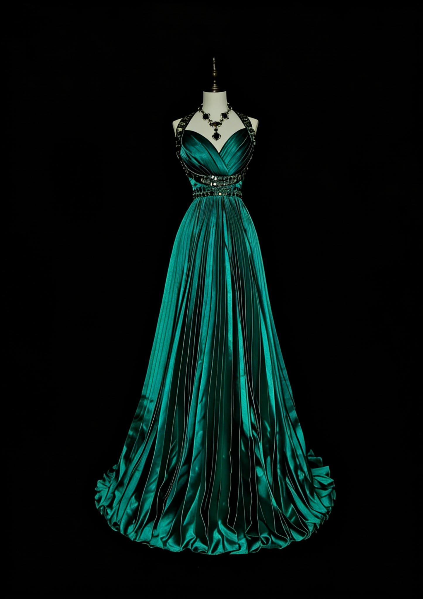 Vintage A-Linien-Neckholder-Abendkleid aus grünem Satin mit Rüschen und Perlenstickerei, ärmellos, 70er-Jahre-Stil, langes formelles Abendkleid N1479