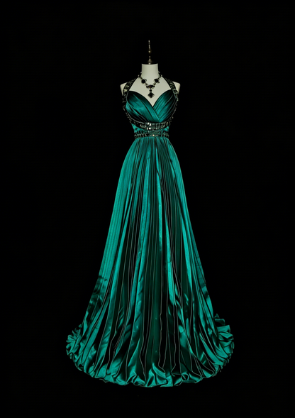 Vintage A-Linien-Neckholder-Abendkleid aus grünem Satin mit Rüschen und Perlenstickerei, ärmellos, 70er-Jahre-Stil, langes formelles Abendkleid N1479