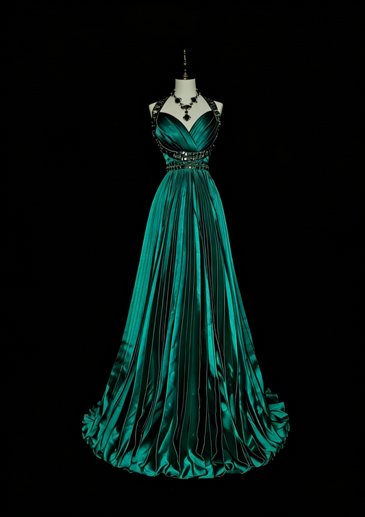 Robe de bal vintage années 70, coupe trapèze, dos nu, en satin vert à volants et perles, sans manches, longue, N1479