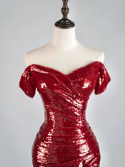 Gorgeous Burgundy Off The shoulder Mermaid Sequin With Short Sleeves Formal Evening Dress Gowns Prom Dresses N691