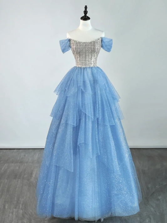 Princess Ball Gown Off The Shoulder Tulle Blue College Formal Outfit Prom Graduation Dresses For Teens N1347