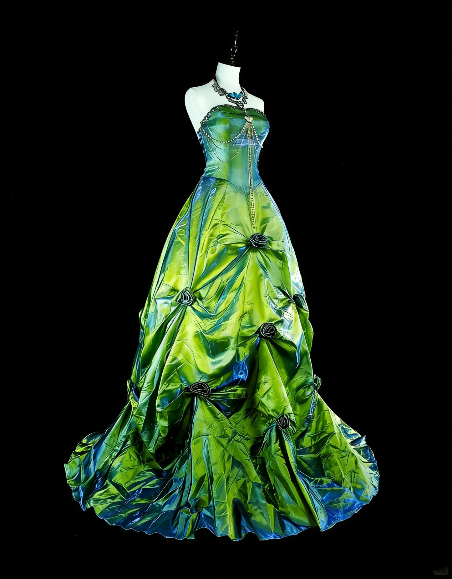 Vintage Ballkleid, trägerlos, grünem Taft mit Rüschen, 1980er Jahre langes Abendkleid N2714