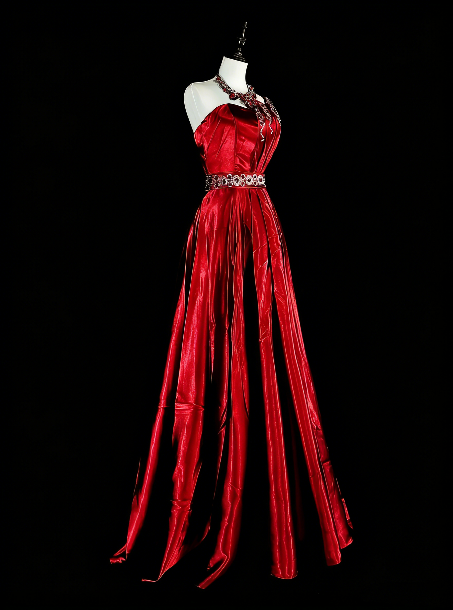 Robe de bal longue rouge vintage asymétrique à une épaule, ornée de perles, référence N1825