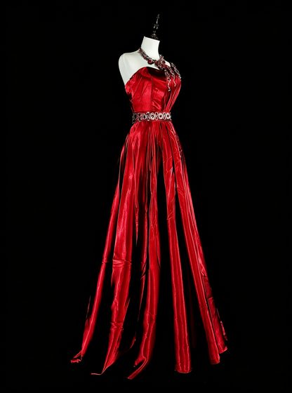 Robe de bal longue rouge vintage asymétrique à une épaule, ornée de perles, référence N1825