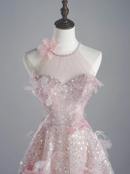 Elegantes, rosa Paillettenkleid in A-Linie mit Rundhalsausschnitt – Inspiration für festliche Anlässe und Prinzessinnen-Abendkleider N758