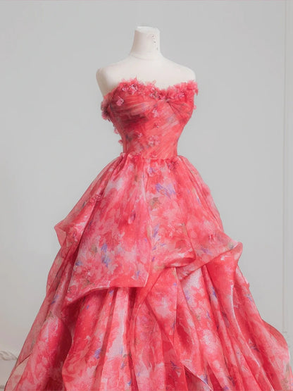 Süßes Ballkleid, herzförmig, rosa, geblümt, Chiffon, langes formelles Abendkleid, formelles Geburtstagskleid, Ballkleid N727