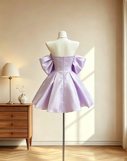 Hübsche Outfit-Ideen für Teenager-Mädchen schulterfrei, Inspiration, kurzes fliederfarbenes Ballkleid, Geburtstags-Outfits, Heimkehrkleid RB3063