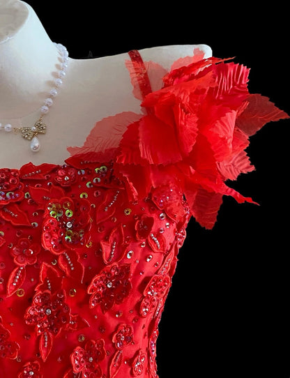 Princess Ball Gown Spaghetti Straps Red Long Lace Sweet 16 Dresses Seventeen Quince Dress RB4015