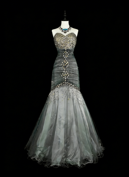 Vintage Ballkleider Ästhetik 1950er Jahre Retro Meerjungfrau Herz-Ausschnitt Grau Langes Partykleid N2022