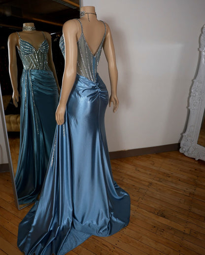 Blue Mermaid V-Neck Satin Long Appliques Sequin Prom Dress With Slit AB1680