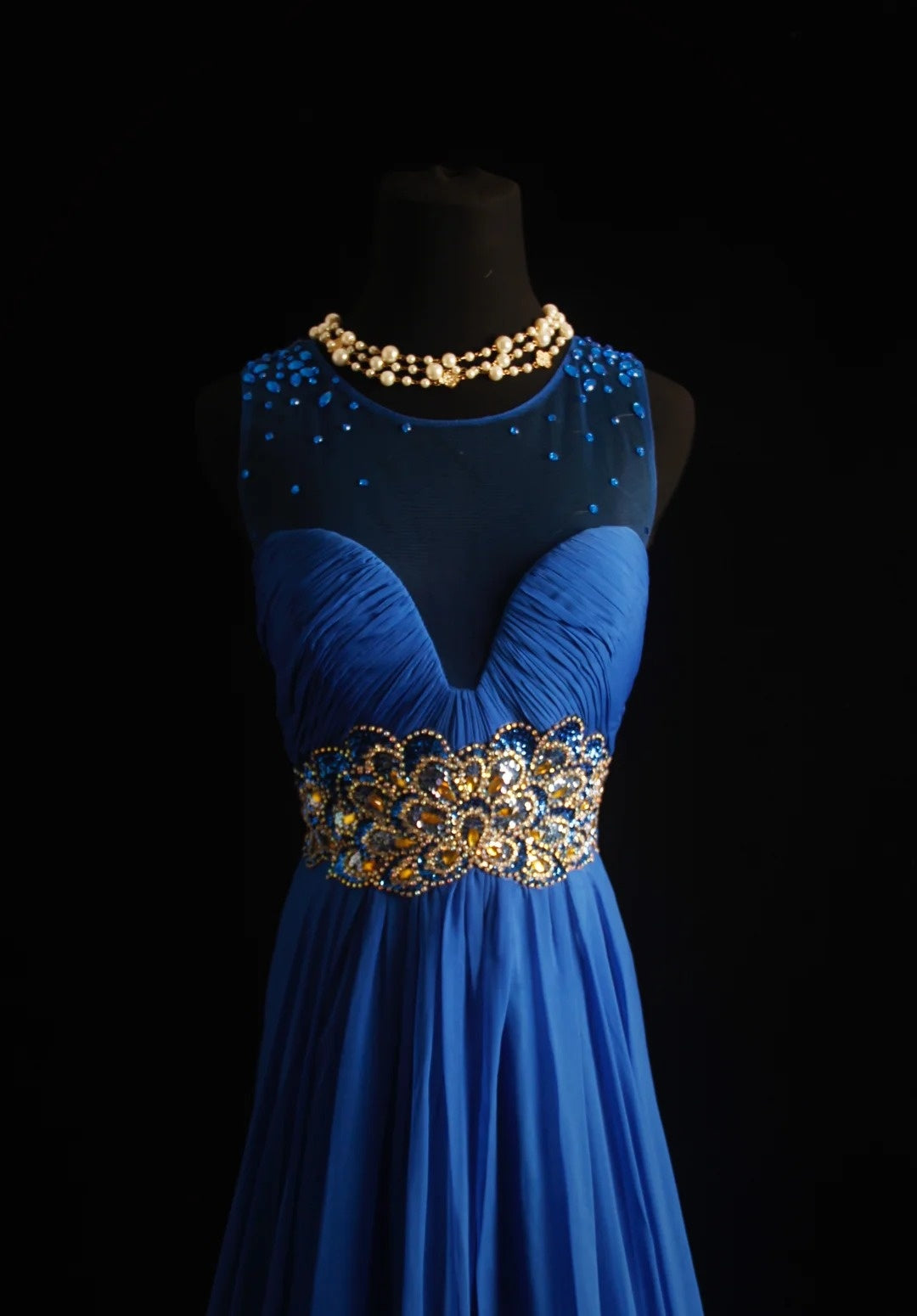 Robe de bal longue rétro années 2000 en mousseline bleu roi, coupe trapèze, col rond, inspiration années 2000, tenue de soirée pour un 19e anniversaire, 500 N