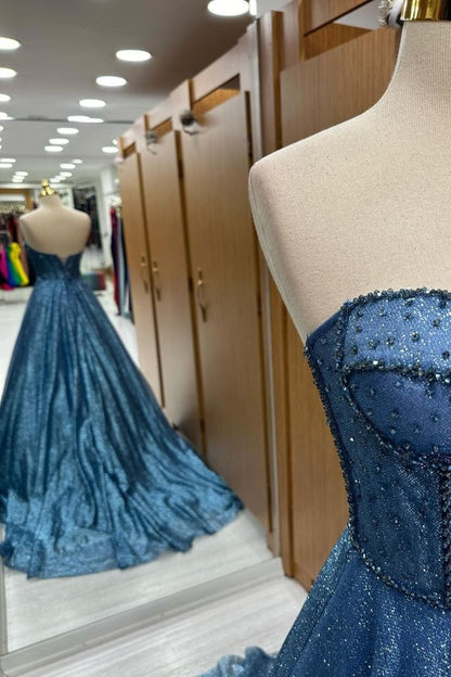 Robe de bal longue intemporelle bleu marine à sequins et perles, décolleté cœur, coupe trapèze, AB1709