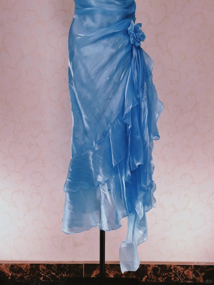 Vintage Prom Dresses 70s Mermaid Spaghetti Straps Blue Irregular Hem Tea Length Formal Outfits RB4314