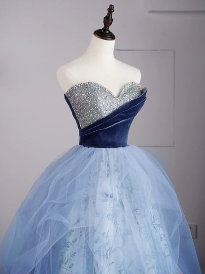 Robe de bal ravissante, bustier cœur en tulle bleu à fleurs, sans manches, avec corsage orné de perles, robe longue de quinceañera, tenue pour un anniversaire de 15 ou 16 ans (N689)