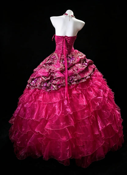Princess Ball Gown Strapless Hot Pink Ruffled Layers Tiered With Flowers Sweet 16 Dresses Quinceanera Dress N4187