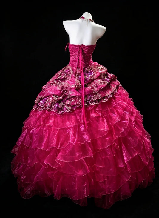 Princess Ball Gown Strapless Hot Pink Ruffled Layers Tiered With Flowers Sweet 16 Dresses Quinceanera Dress N4187