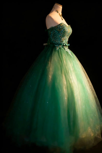 Robes de Bal de Promo Simples Robe de Bal bustier en Tulle Vert avec Perles Longue Robe de Quinceañera N2975